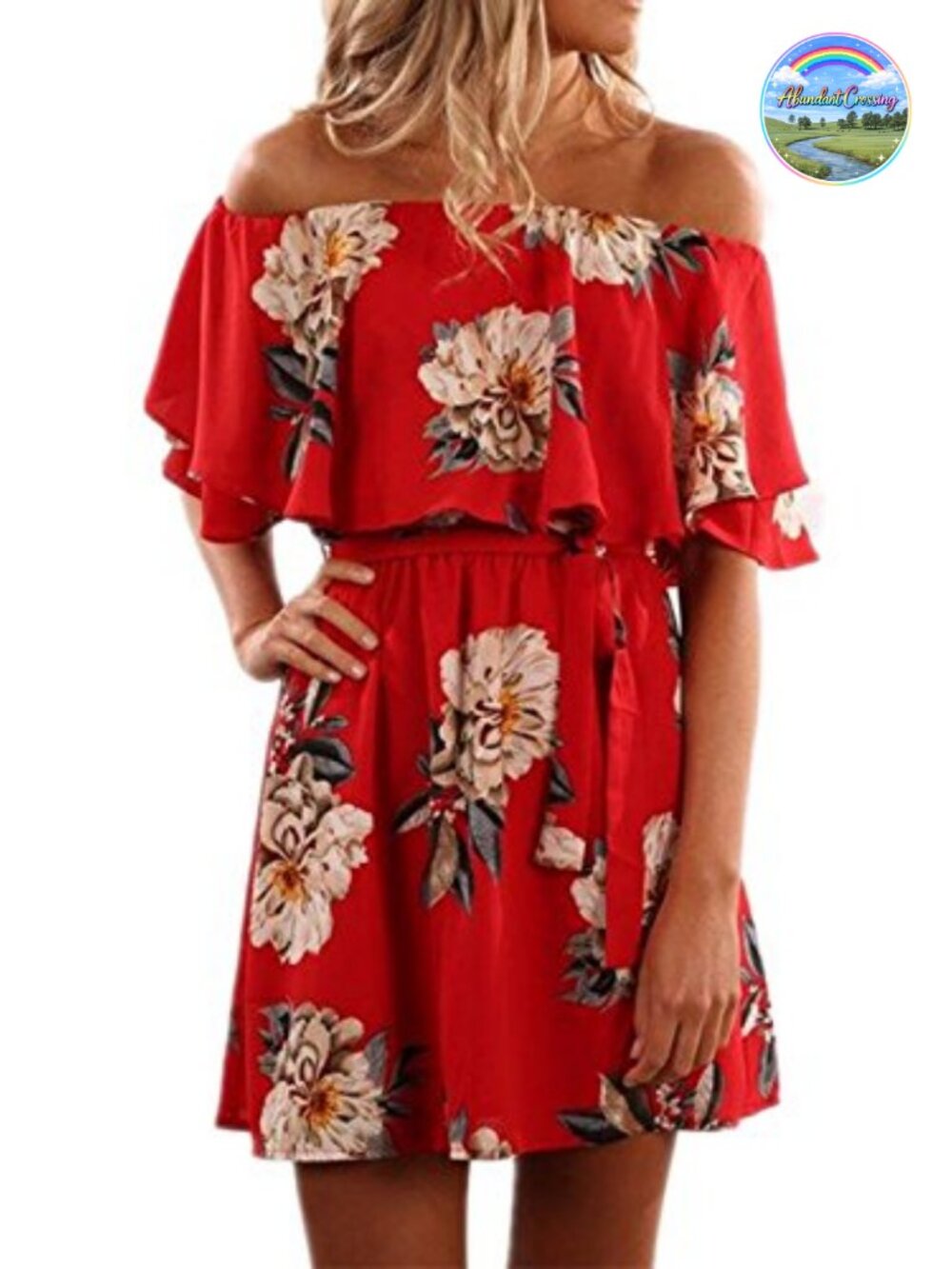 Women's Off Shoulder Floral Print Boho Mini Dress with Belt